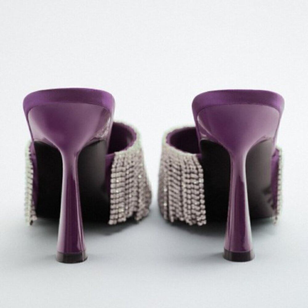 Zara Purple Rhinestone Fringe Mule Heels Statement Sandals NWT - Picture 13 of 14